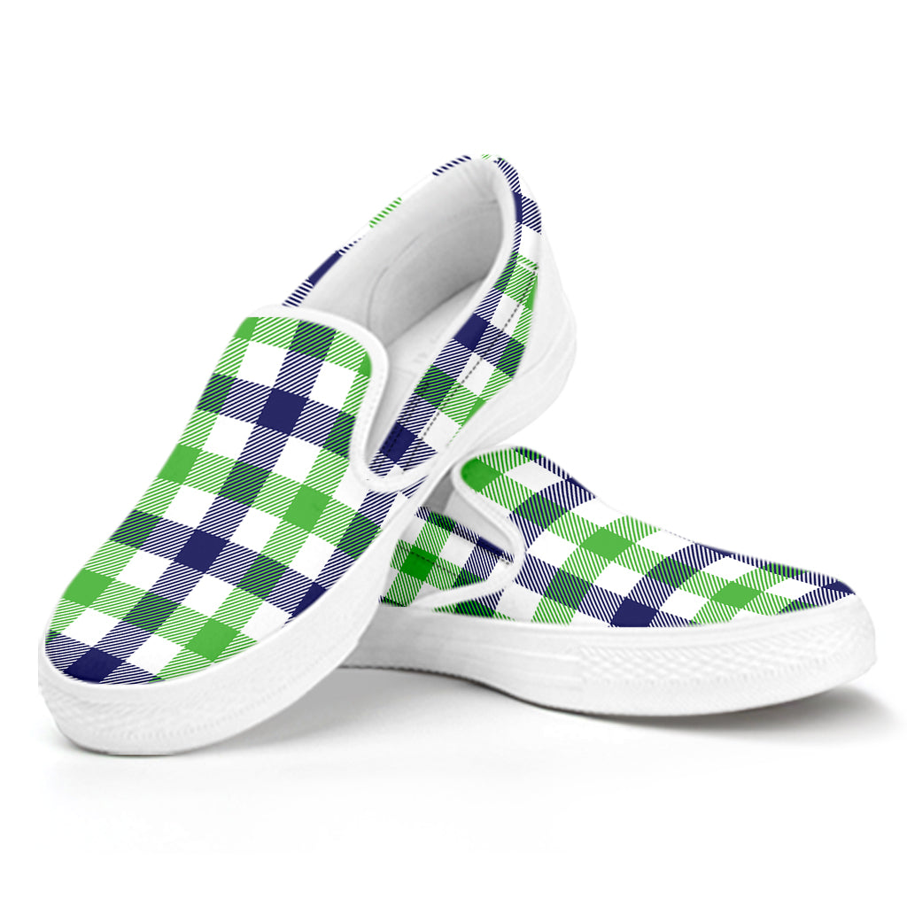 White Navy And Green Plaid Print White Slip On Shoes
