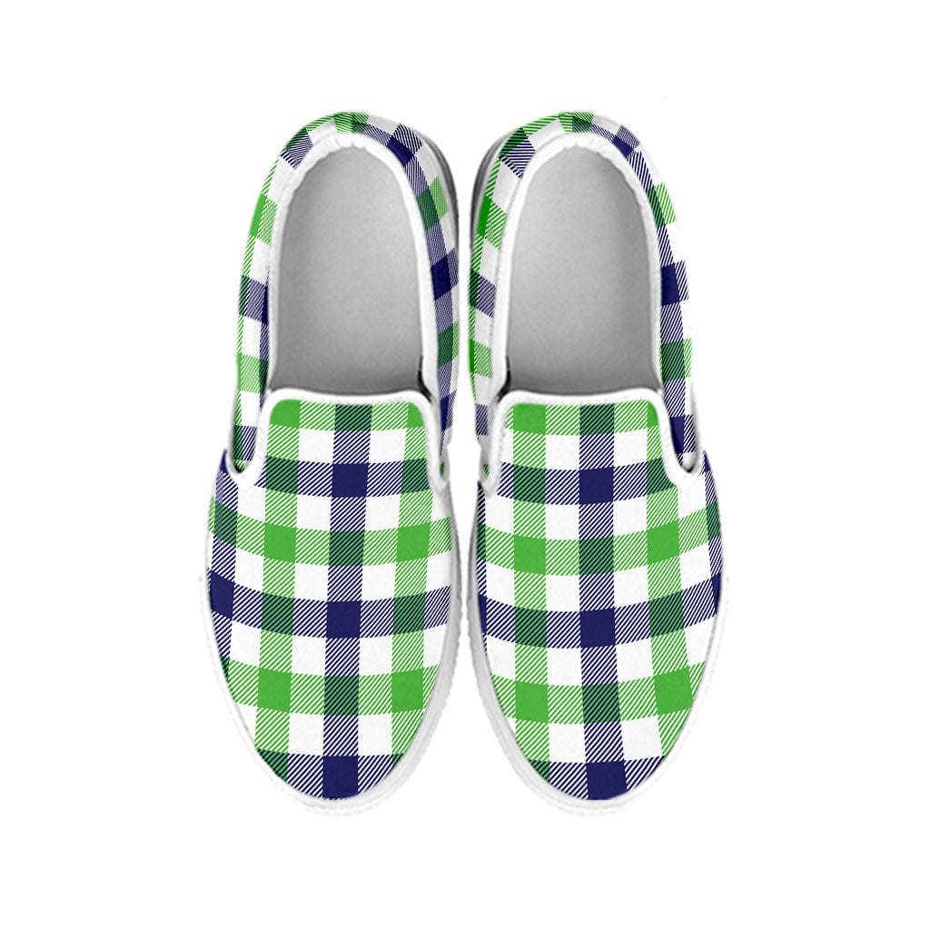 White Navy And Green Plaid Print White Slip On Shoes