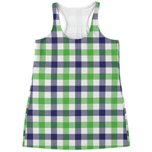 White Navy And Green Plaid Print Women's Racerback Tank Top