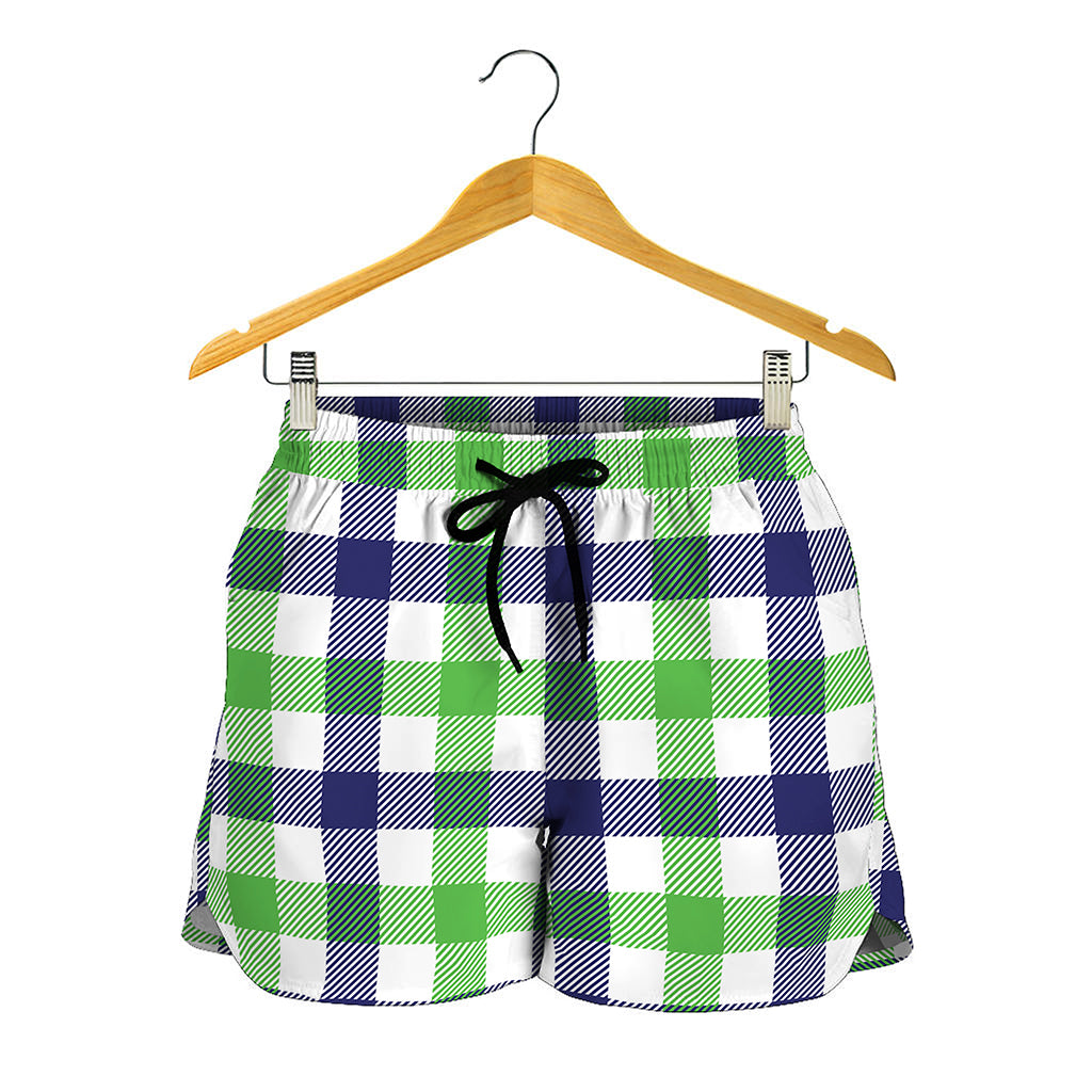 White Navy And Green Plaid Print Women's Shorts
