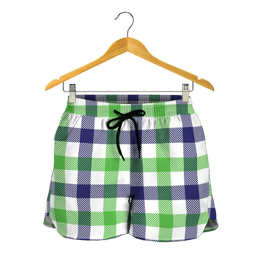 White Navy And Green Plaid Print Women's Shorts