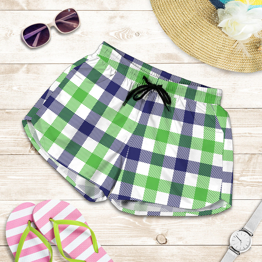 White Navy And Green Plaid Print Women's Shorts