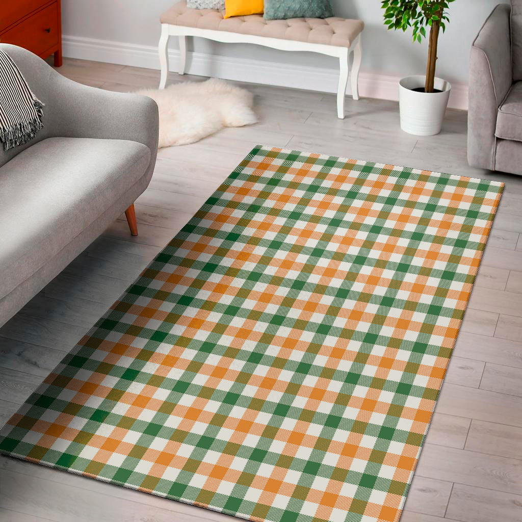 White Orange And Green Plaid Print Area Rug