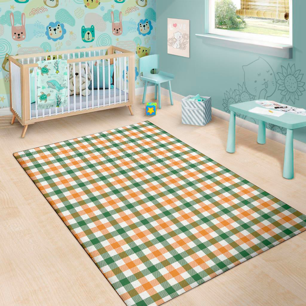White Orange And Green Plaid Print Area Rug