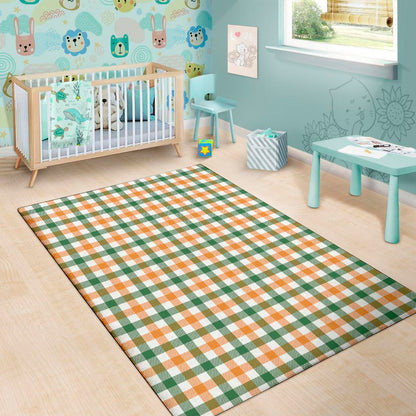 White Orange And Green Plaid Print Area Rug