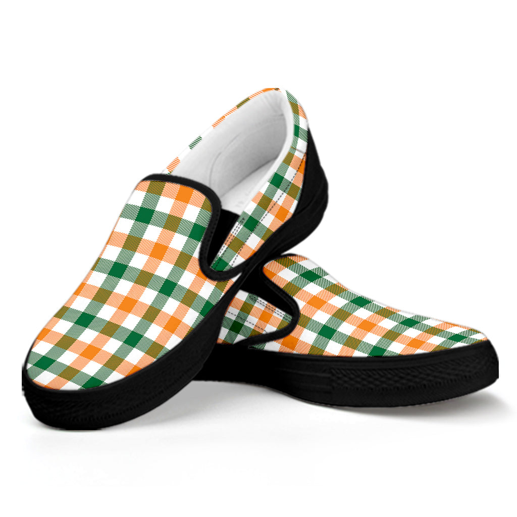 White Orange And Green Plaid Print Black Slip On Shoes