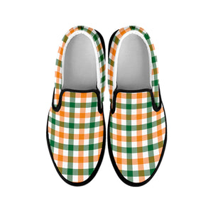 White Orange And Green Plaid Print Black Slip On Shoes