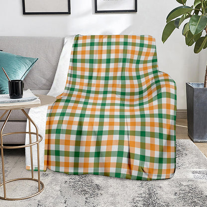 White Orange And Green Plaid Print Blanket