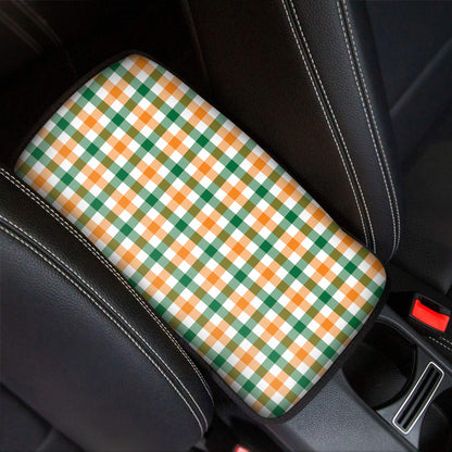 White Orange And Green Plaid Print Car Center Console Cover
