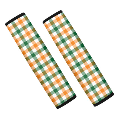 White Orange And Green Plaid Print Car Seat Belt Covers