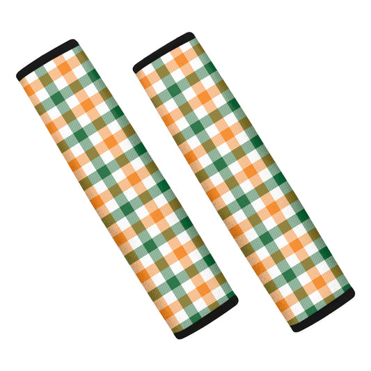 White Orange And Green Plaid Print Car Seat Belt Covers