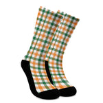 White Orange And Green Plaid Print Crew Socks