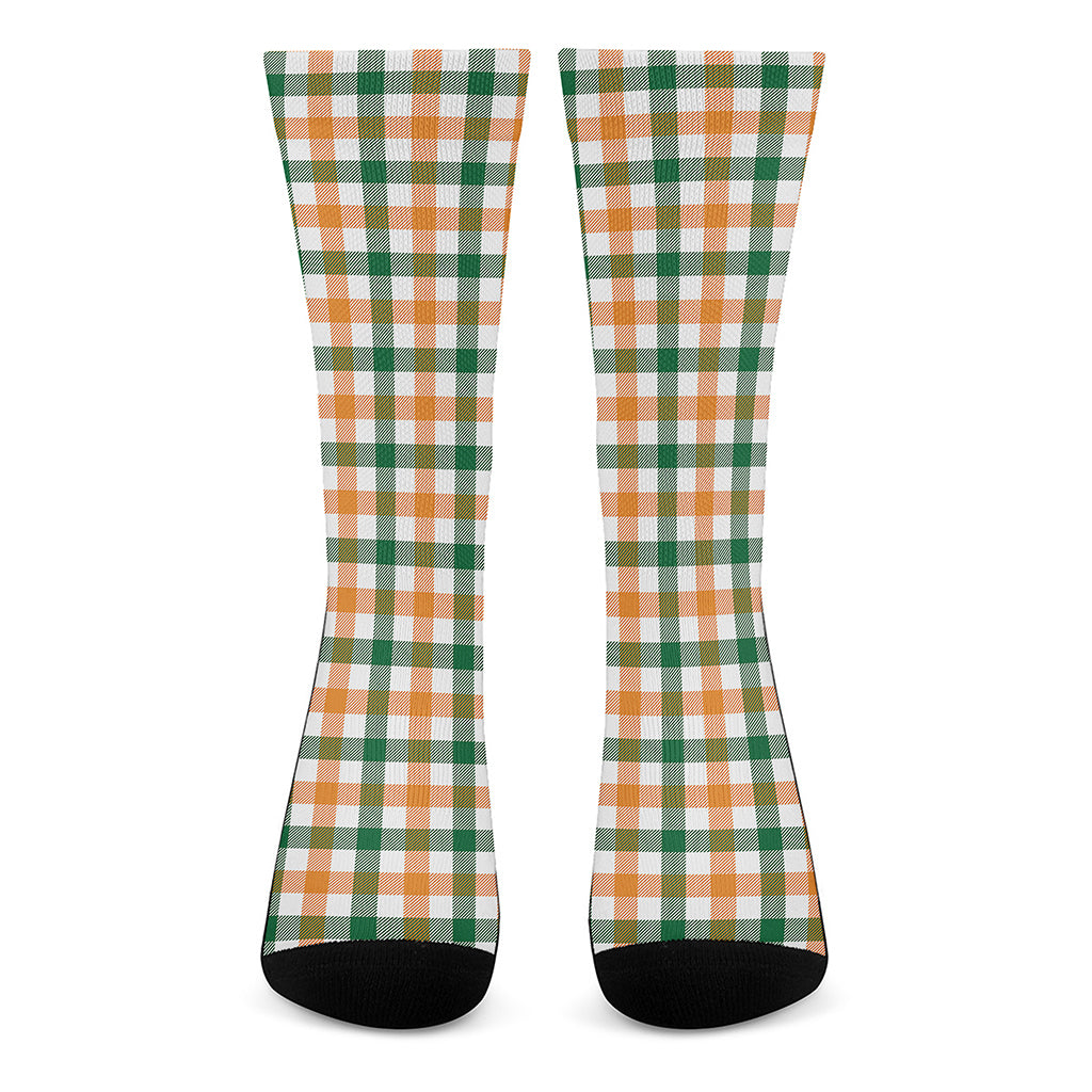 White Orange And Green Plaid Print Crew Socks