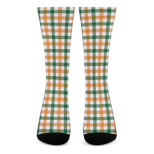 White Orange And Green Plaid Print Crew Socks