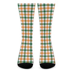 White Orange And Green Plaid Print Crew Socks