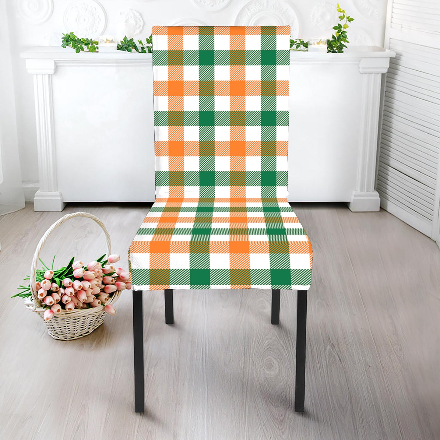 White Orange And Green Plaid Print Dining Chair Slipcover