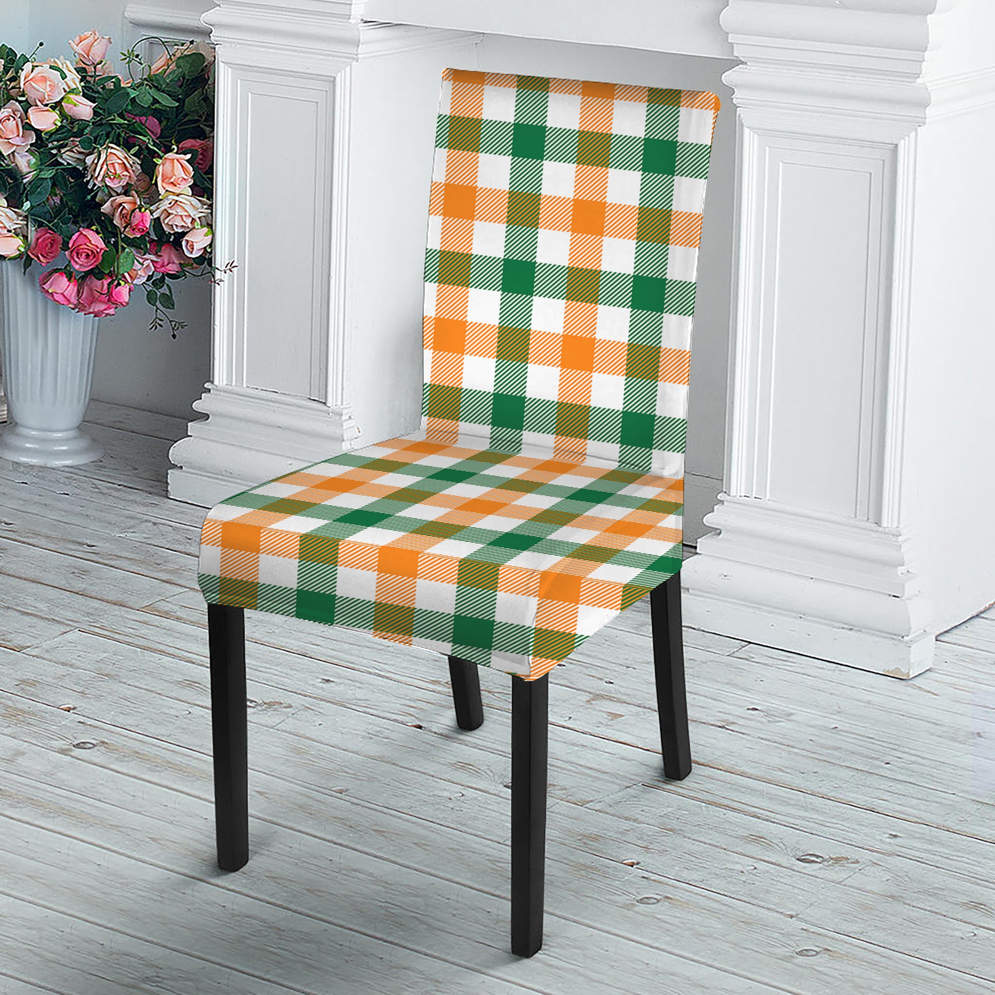 White Orange And Green Plaid Print Dining Chair Slipcover
