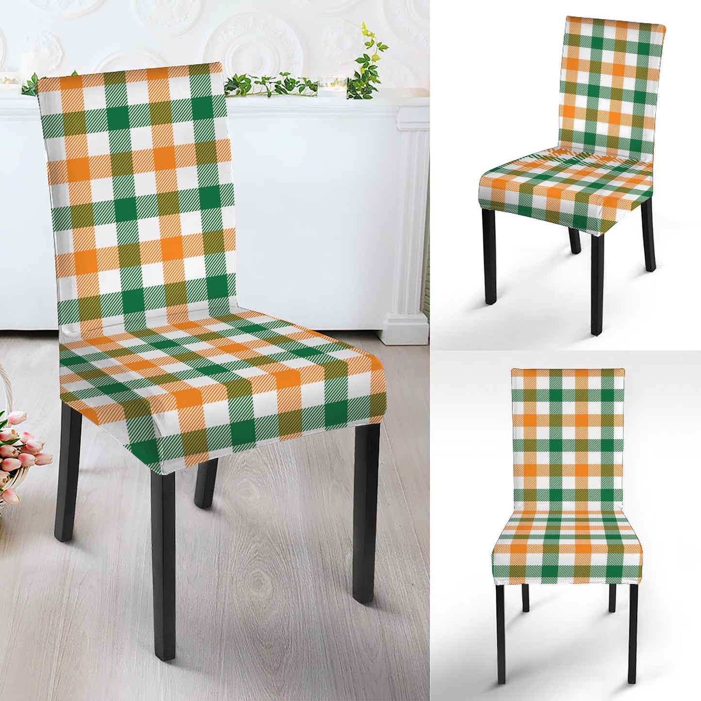 White Orange And Green Plaid Print Dining Chair Slipcover