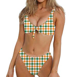 White Orange And Green Plaid Print Front Bow Tie Bikini