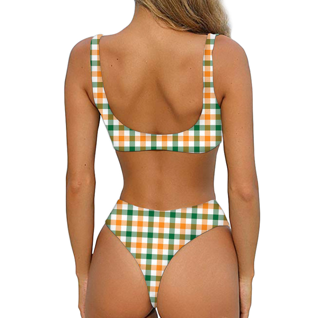 White Orange And Green Plaid Print Front Bow Tie Bikini