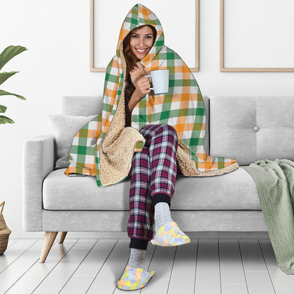 White Orange And Green Plaid Print Hooded Blanket