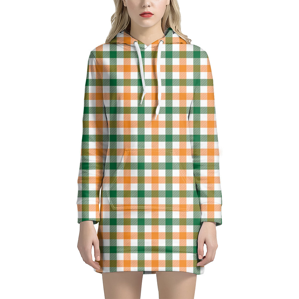 White Orange And Green Plaid Print Hoodie Dress