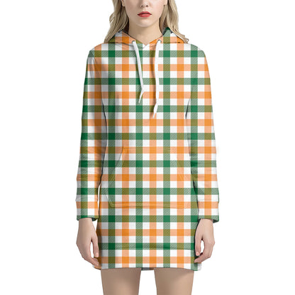 White Orange And Green Plaid Print Hoodie Dress
