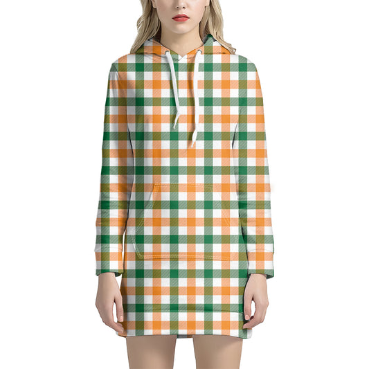 White Orange And Green Plaid Print Hoodie Dress