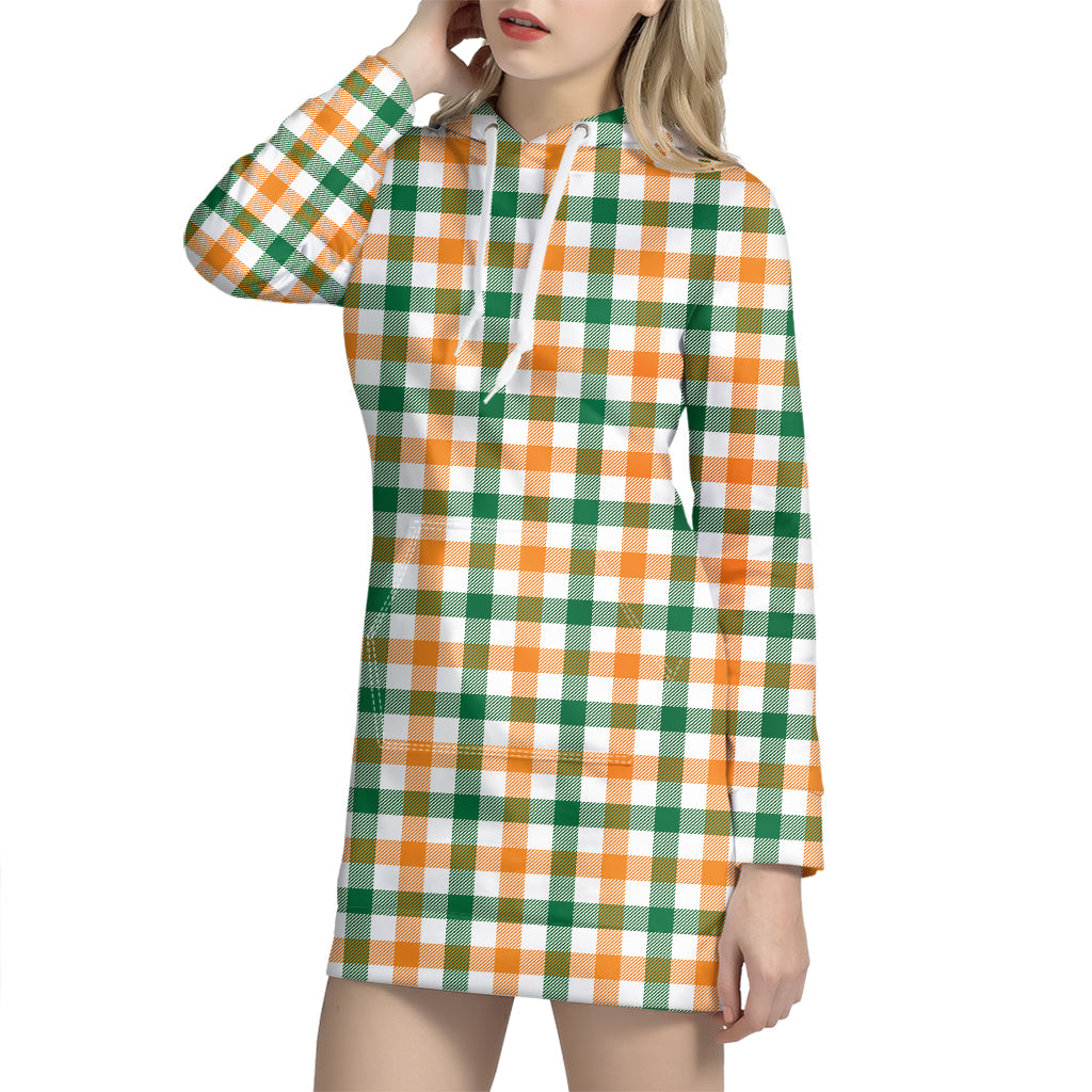 White Orange And Green Plaid Print Hoodie Dress