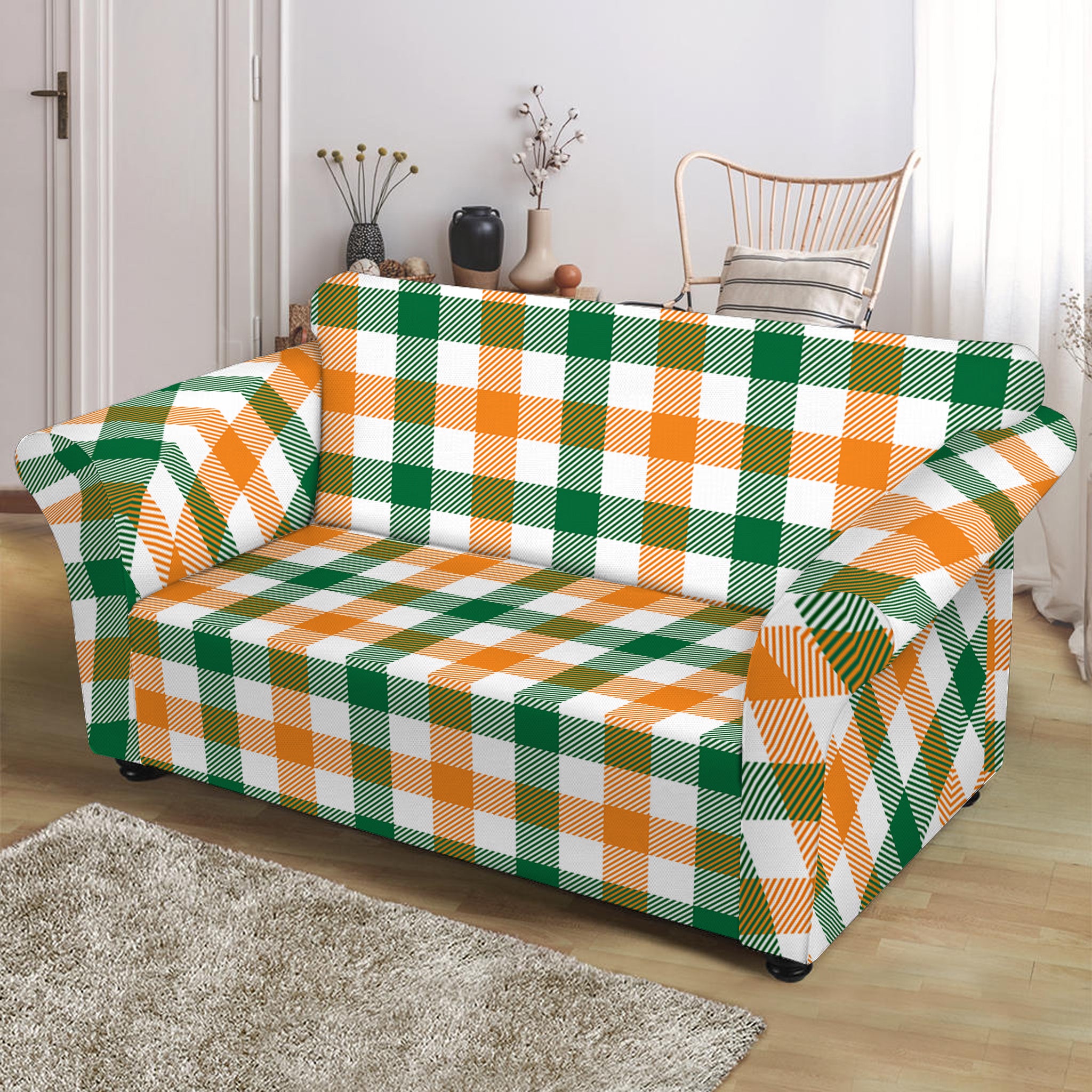 White Orange And Green Plaid Print Loveseat Slipcover