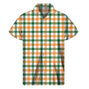 White Orange And Green Plaid Print Men's Short Sleeve Shirt