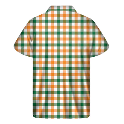 White Orange And Green Plaid Print Men's Short Sleeve Shirt
