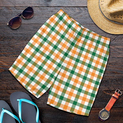 White Orange And Green Plaid Print Men's Shorts