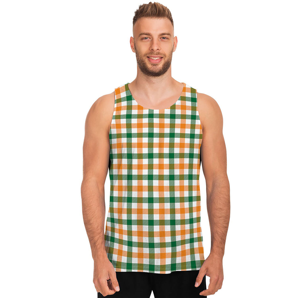 White Orange And Green Plaid Print Men's Tank Top
