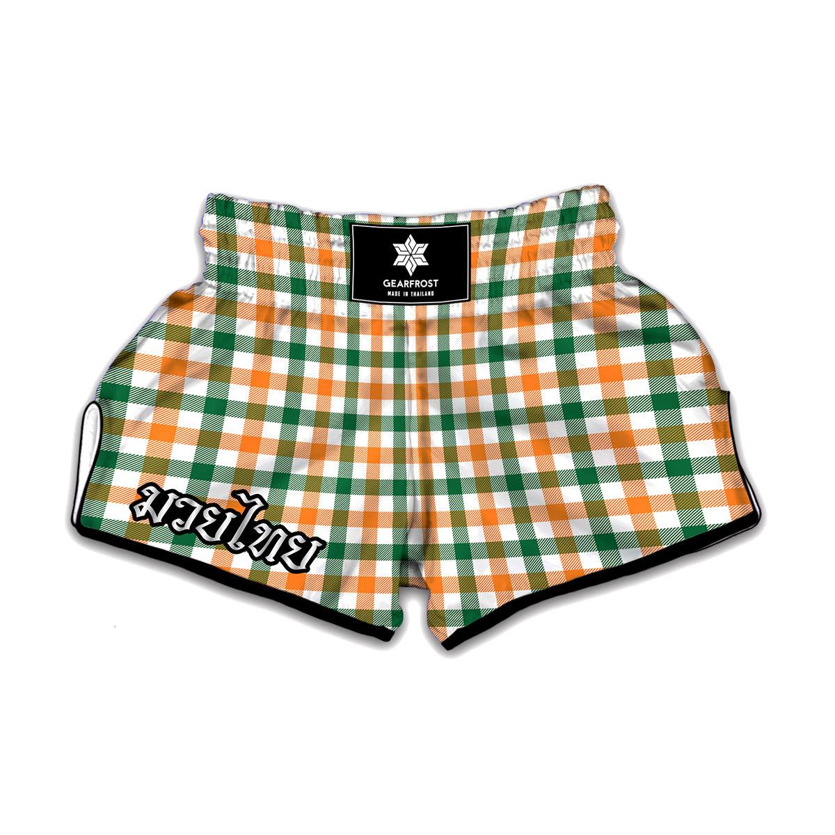 White Orange And Green Plaid Print Muay Thai Boxing Shorts