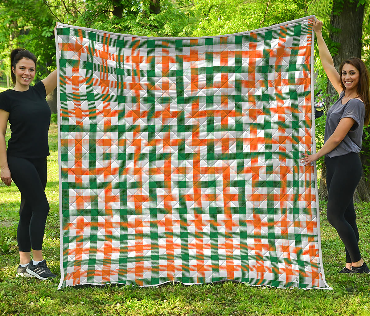 White Orange And Green Plaid Print Quilt