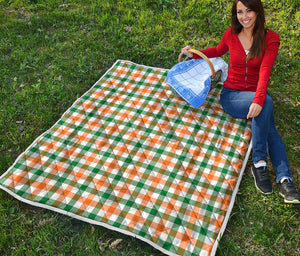 White Orange And Green Plaid Print Quilt