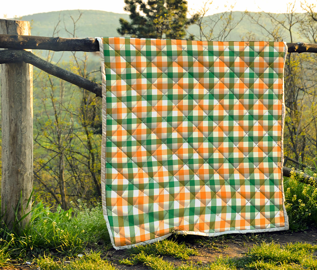 White Orange And Green Plaid Print Quilt