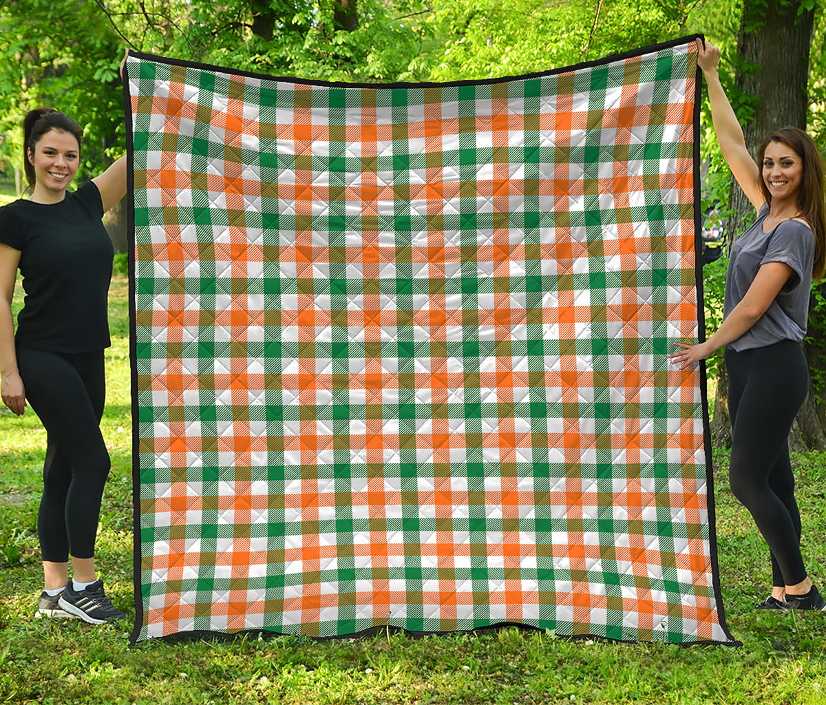 White Orange And Green Plaid Print Quilt