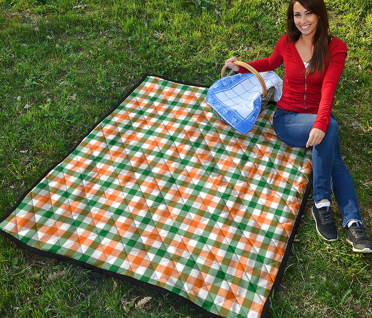 White Orange And Green Plaid Print Quilt