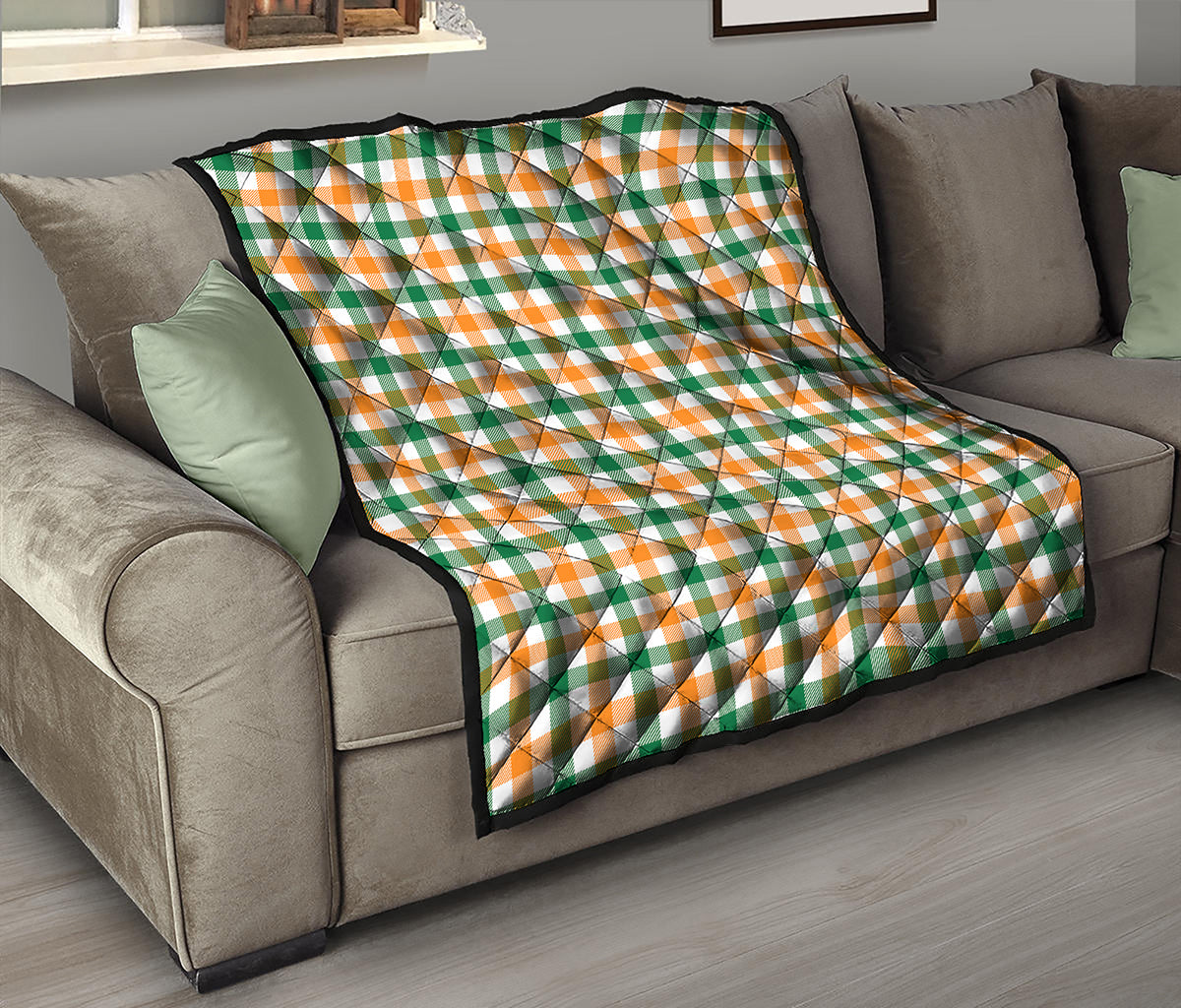 White Orange And Green Plaid Print Quilt