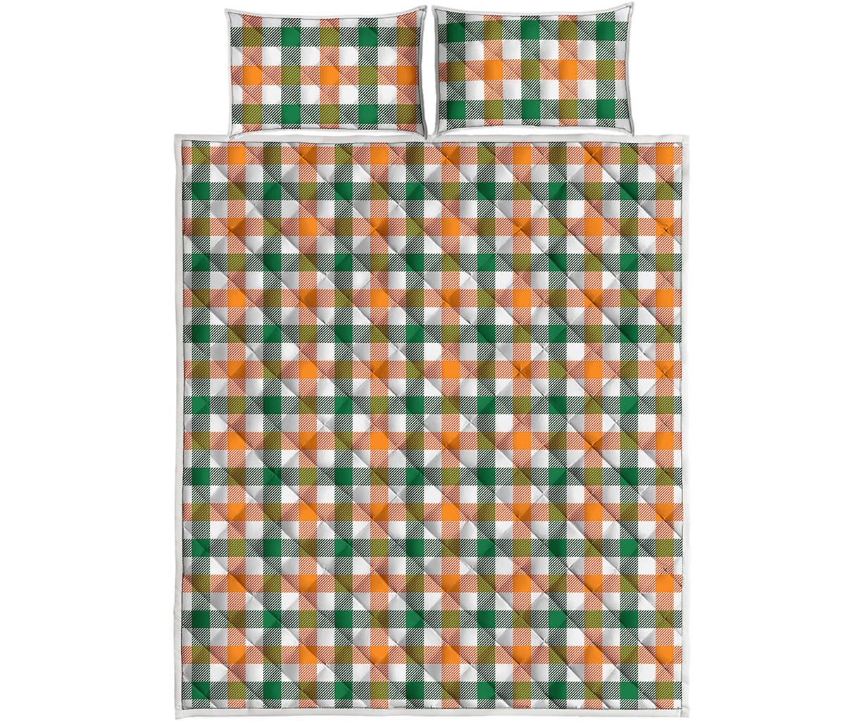 White Orange And Green Plaid Print Quilt Bed Set