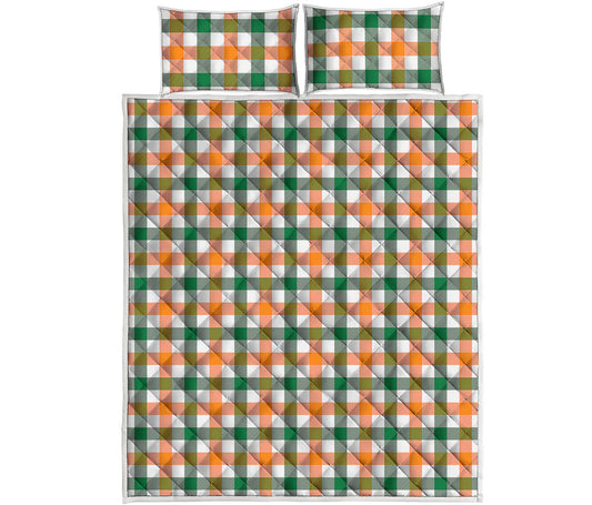White Orange And Green Plaid Print Quilt Bed Set