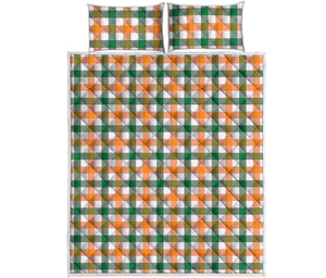 White Orange And Green Plaid Print Quilt Bed Set