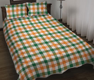 White Orange And Green Plaid Print Quilt Bed Set