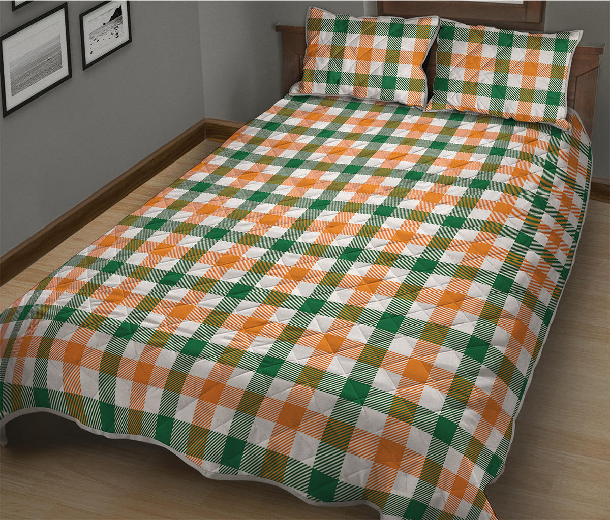 White Orange And Green Plaid Print Quilt Bed Set