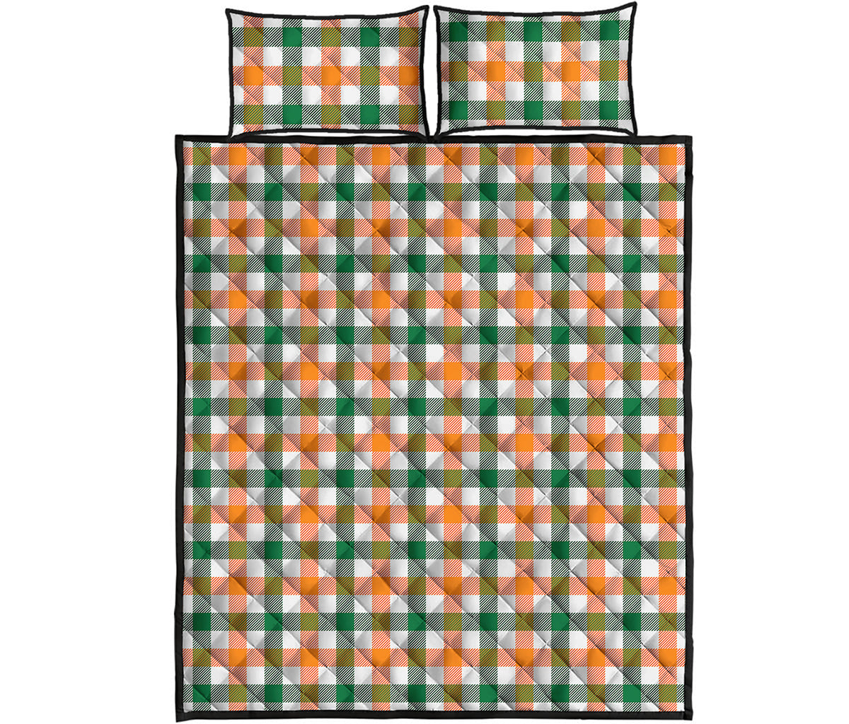 White Orange And Green Plaid Print Quilt Bed Set