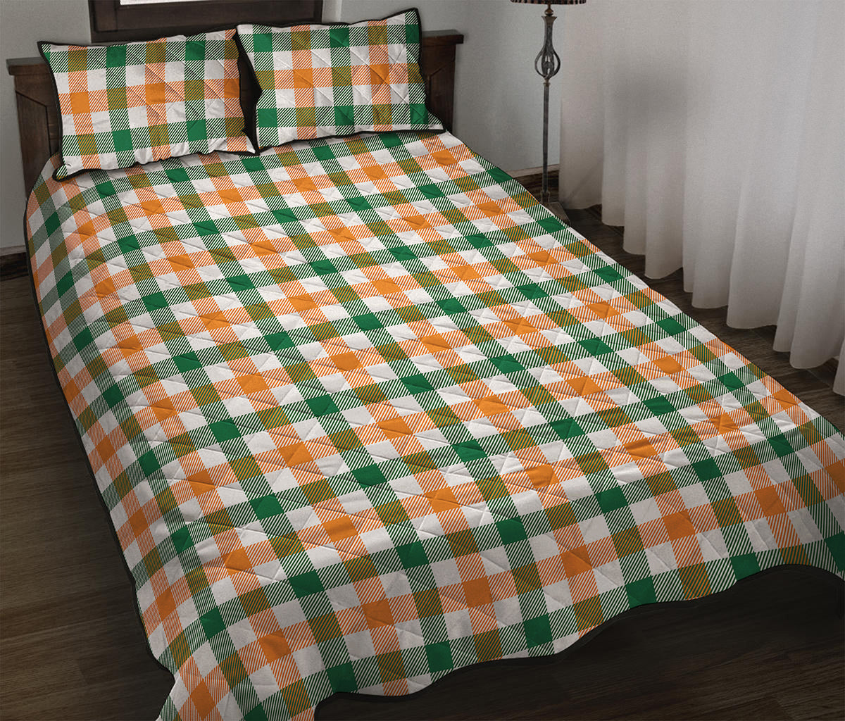 White Orange And Green Plaid Print Quilt Bed Set