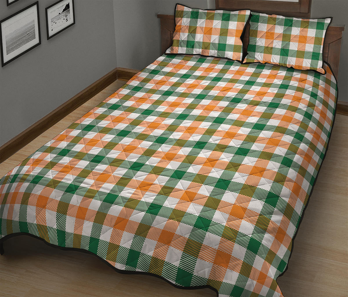 White Orange And Green Plaid Print Quilt Bed Set