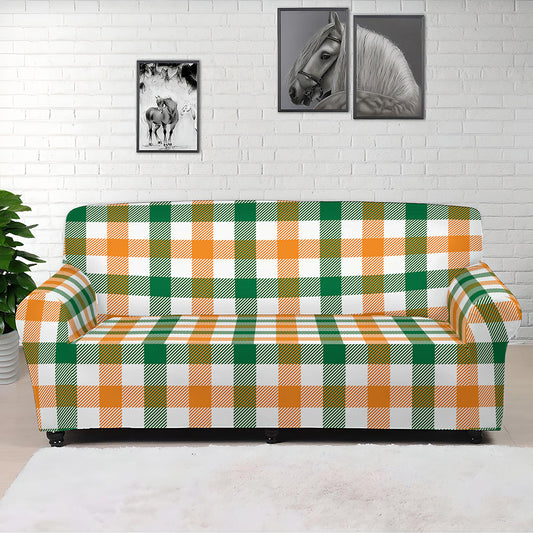 White Orange And Green Plaid Print Sofa Cover